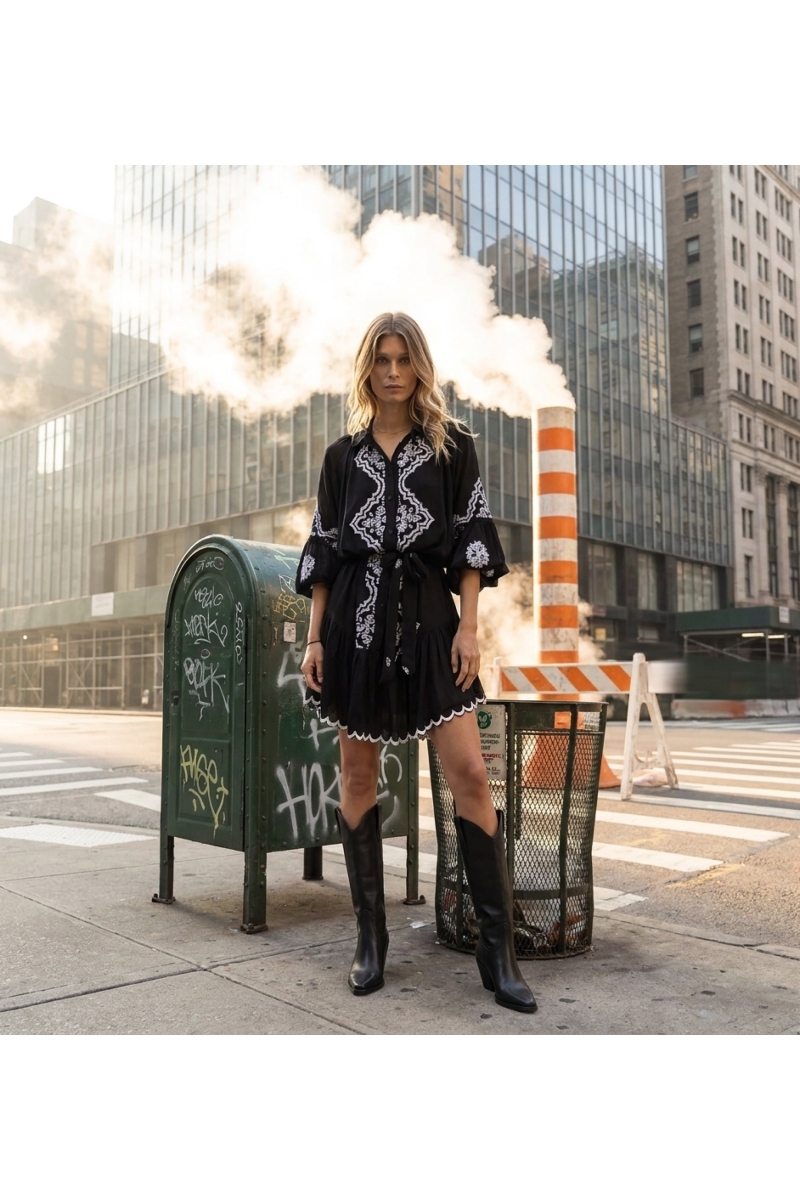 Robe courte chic et moderne pour femme, élégante, photographiée dans un cadre urbain avec des éléments industriels.