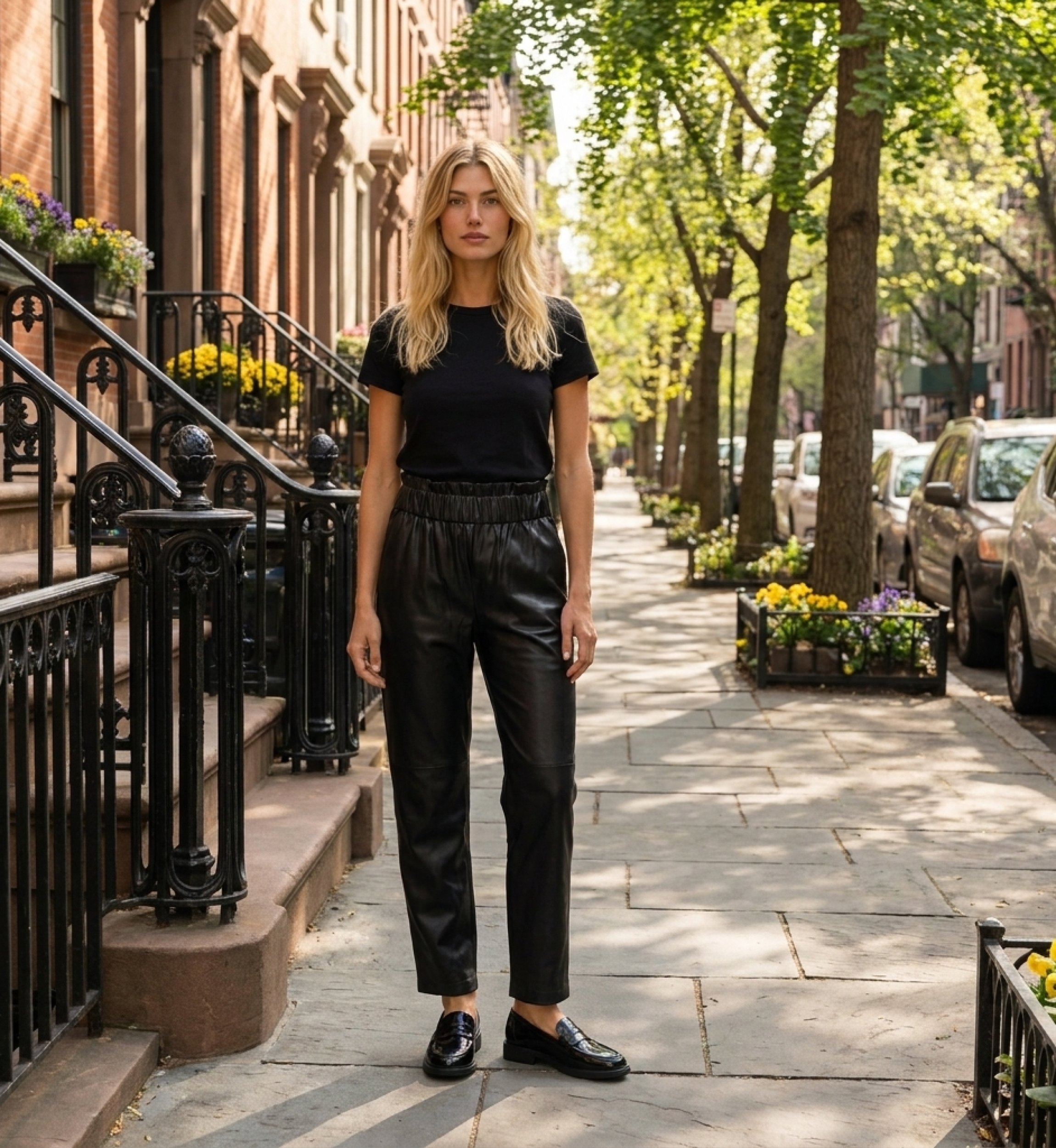 Pantalon en cuir noir élégant pour femme, photo mode urbaine sur un trottoir, coupe moderne et ajustée.