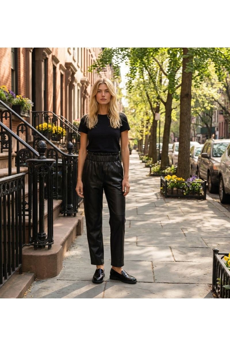 Pantalon en cuir noir élégant pour femme, photo mode urbaine sur un trottoir, coupe moderne et ajustée.