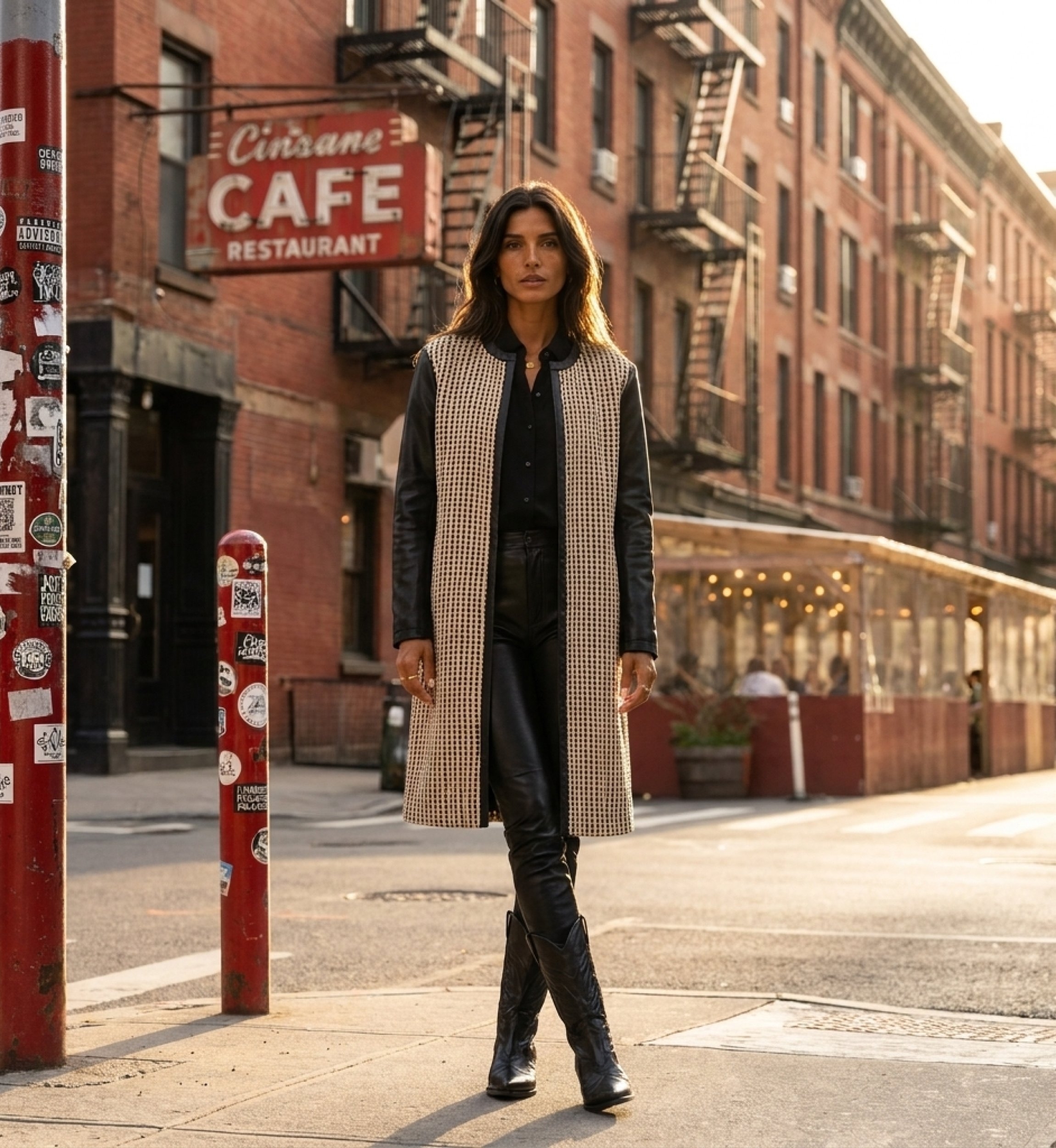 Manteau long sans col noir et beige, tissu tissé ouvert, manches et bordures en similicuir, vue urbaine.