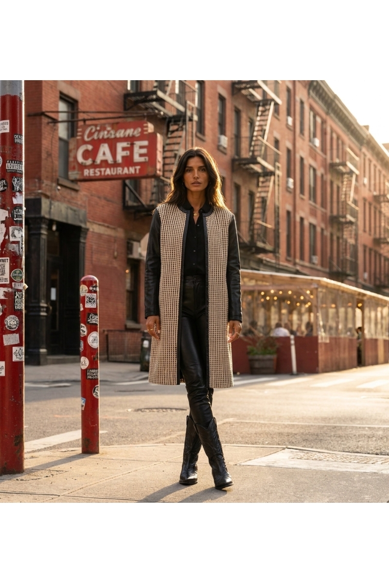 Manteau long sans col noir et beige, tissu tissé ouvert, manches et bordures en similicuir, vue urbaine.