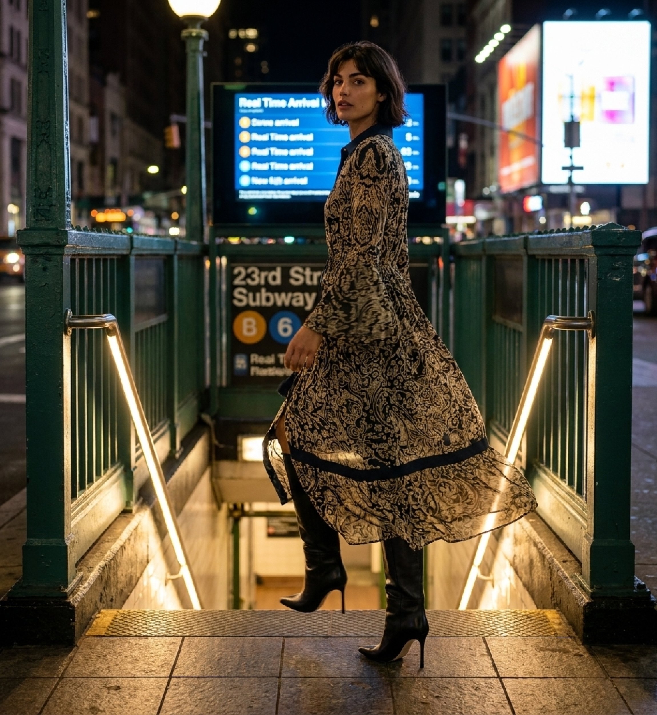 Langes schwarz-beiges Maxikleid gemustert, Kragen, Knopfleiste, Glockenärmel, Tunnelzug-Taille, urbane Nachtansicht.