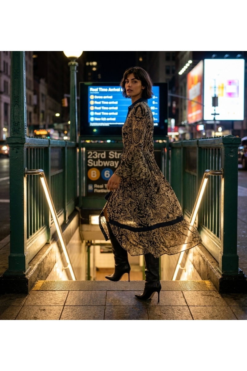 Langes schwarz-beiges Maxikleid gemustert, Kragen, Knopfleiste, Glockenärmel, Tunnelzug-Taille, urbane Nachtansicht.