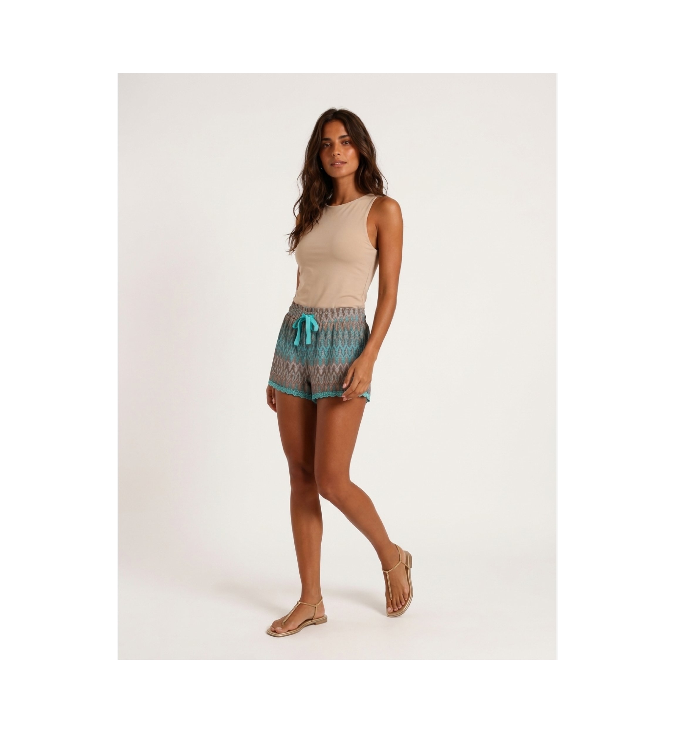 Front view of a chic women's short top, ideal for casual or elegant outfits. Made from a comfortable, breathable fabric.