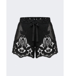 Schwarze locker sitzende Häkelshorts mit detaillierten Blumen- und Blattmustern und einem Kordelzug in der Taille.
