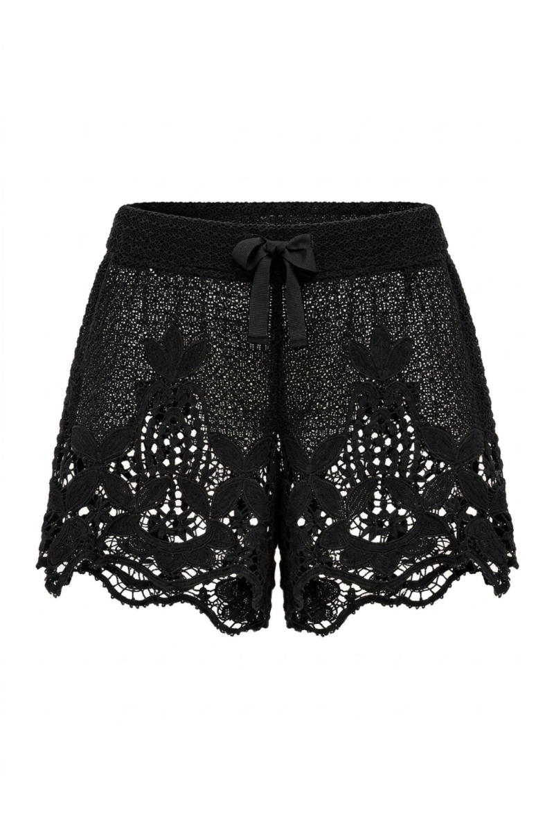 Damen schwarze Häkelshorts, lockere Passform, detailliertes Blumenmuster, verstellbarer Kordelzugbund.