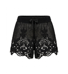 Damen schwarze Häkelshorts, lockere Passform, detailliertes Blumenmuster, verstellbarer Kordelzugbund.