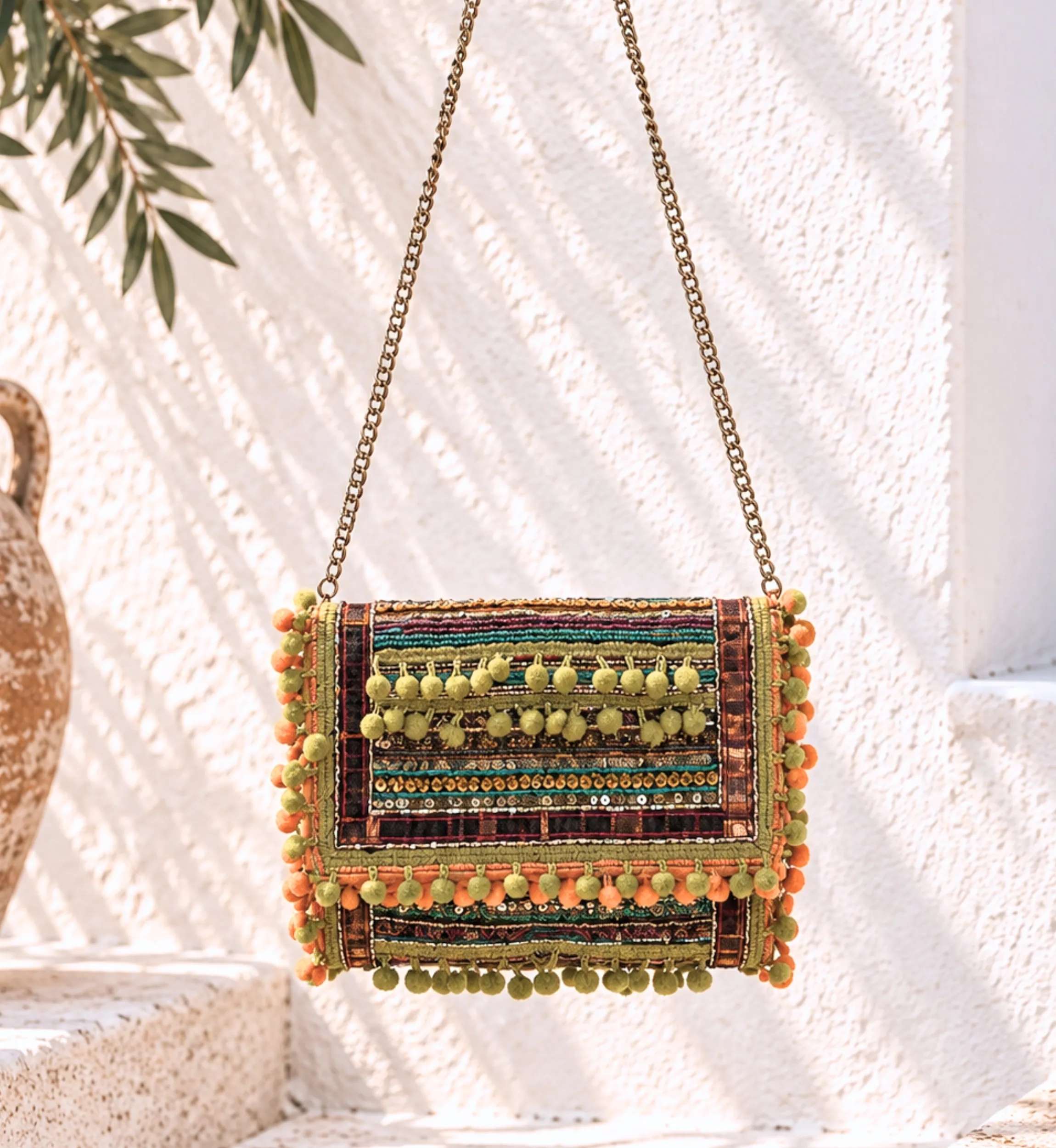 Sequin Bag, lime green embroidered clutch | Miss June Paris