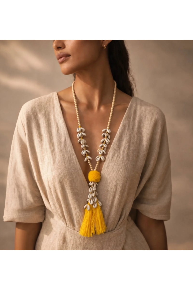 Shell Cord Necklace with Yellow Tassel | Miss June Paris