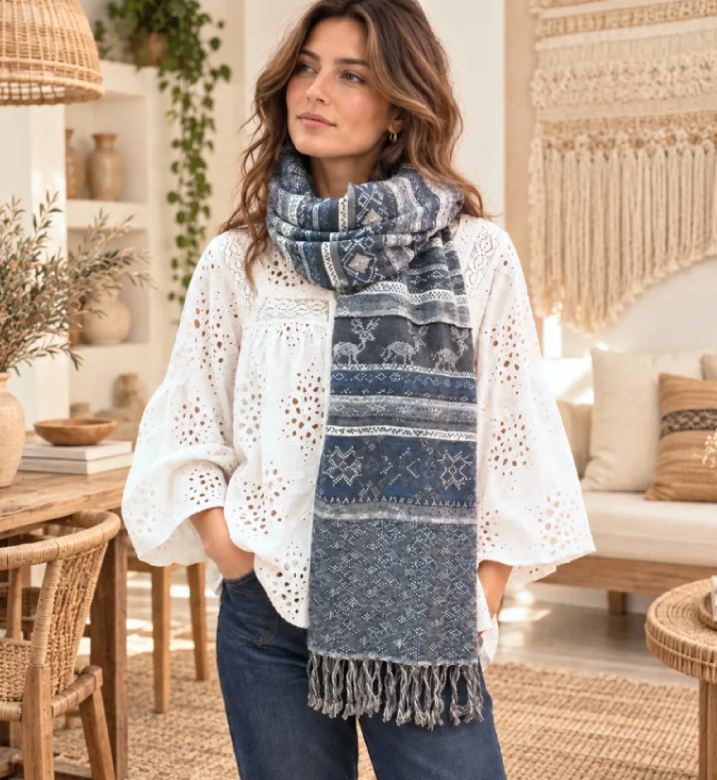 Kendra Scarf | Embroidered Wool Boho Scarf | Miss June Paris