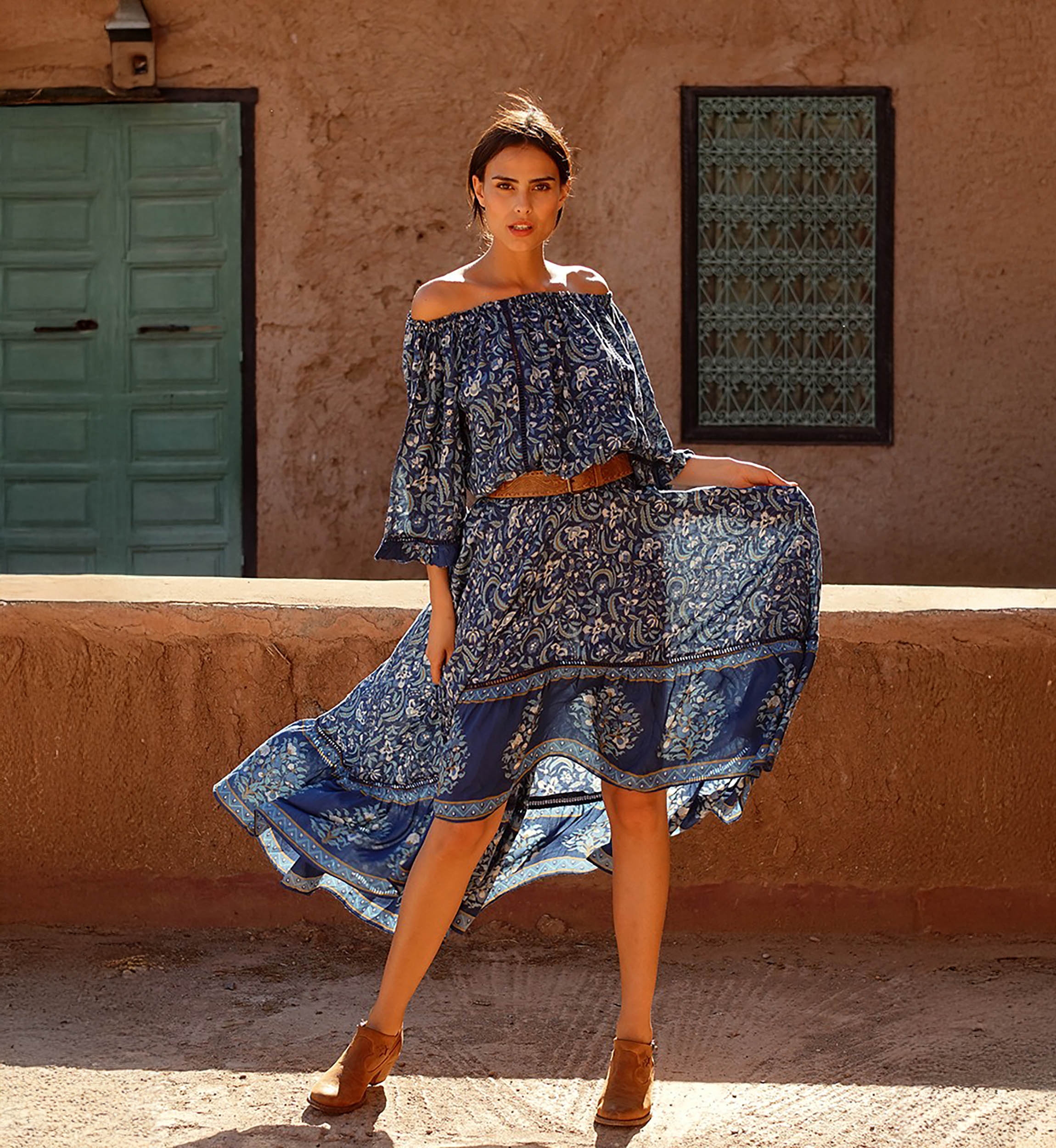 Falda Larga Sky – Azul marino – Estampado floral – Asimétrica – Estilo boho – Miss June Paris – 1