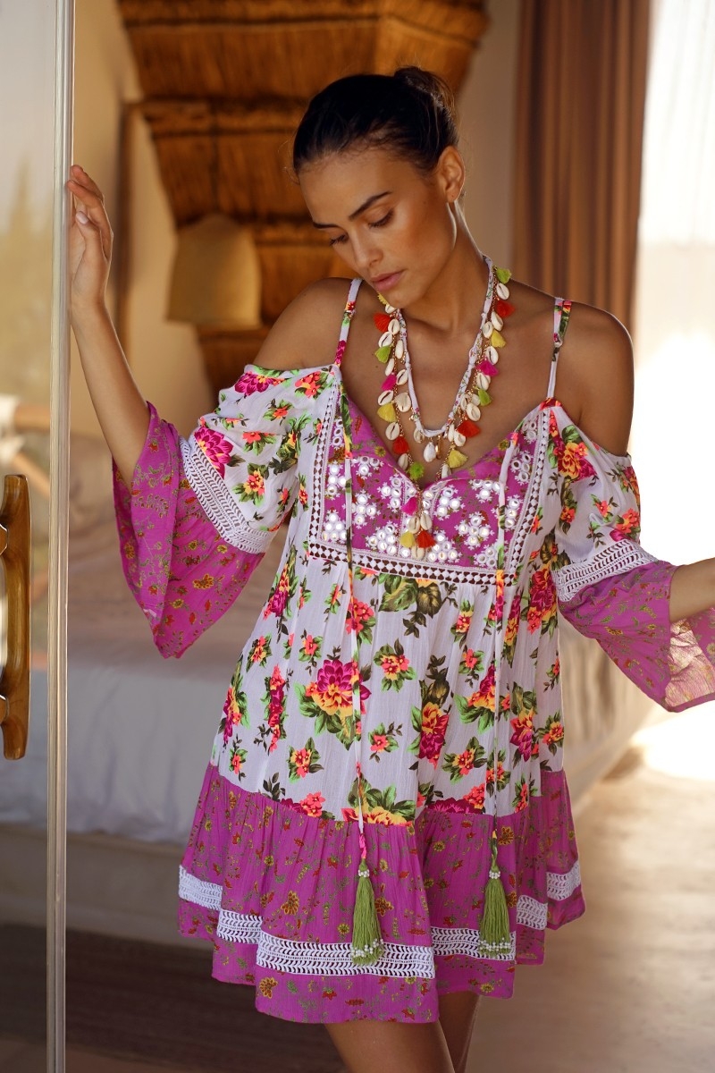 Abito corto Tropical, Stampa floreale, Manica lunga, Bohémien, Miss June Paris, 2
