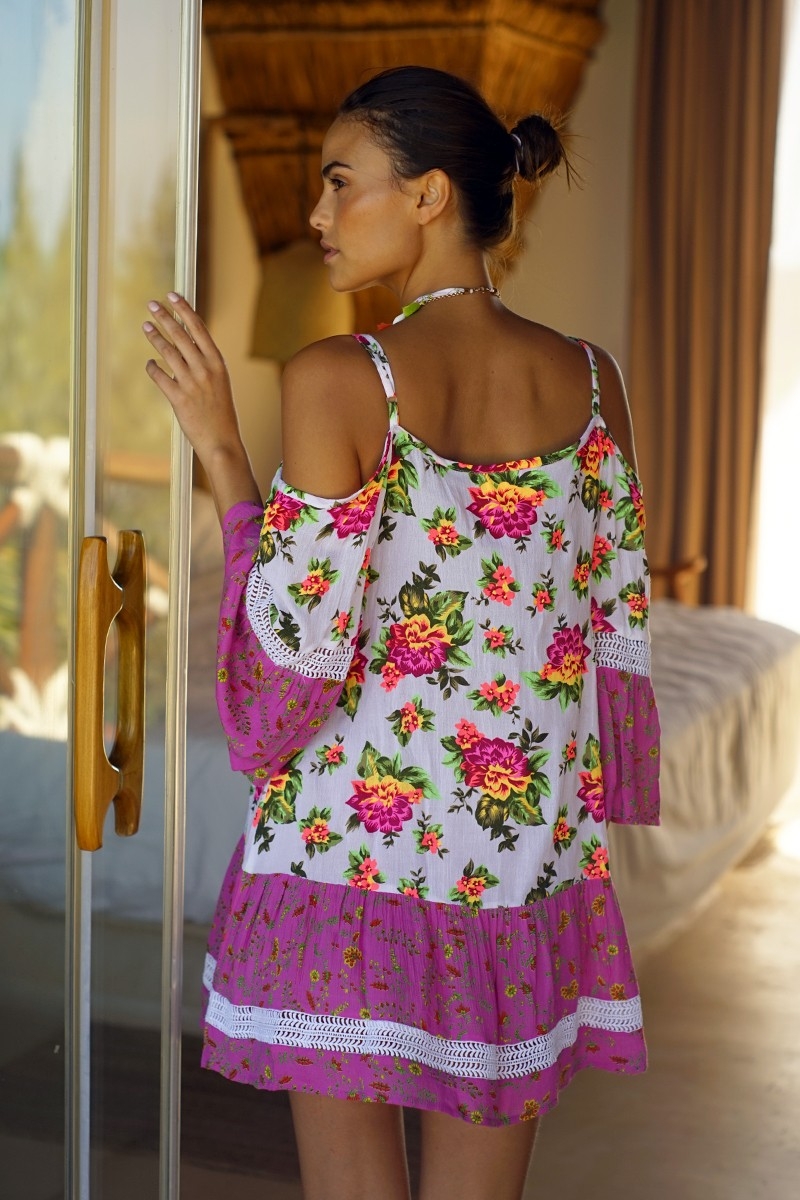 Abito corto Tropical, Stampa floreale, Manica lunga, Bohémien, Miss June Paris, 3