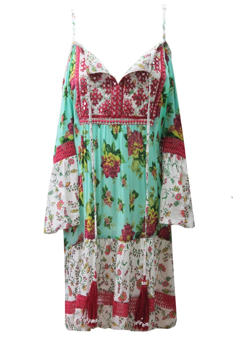 Vestido corto Tropical, Estampado floral, Manga larga, Bohemio, Miss June Paris, 4