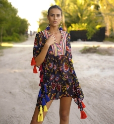 Coconut Short Caftan – Navy Blue – Multicolored Pompons – Light Fabric – Short Sleeve – Bohemian – Miss June Paris – 2