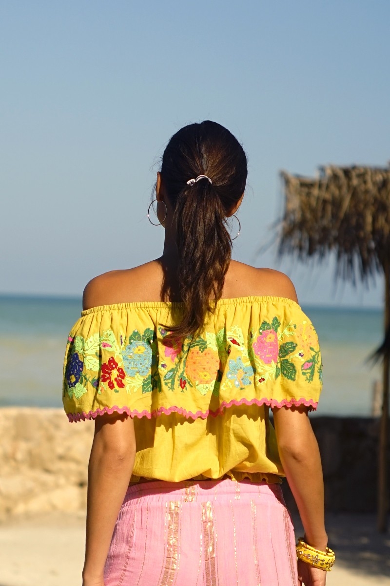 Chiquita Off-Shoulder Top, Embroidered Floral Pattern, Bohemian Style, Miss June Paris, 6