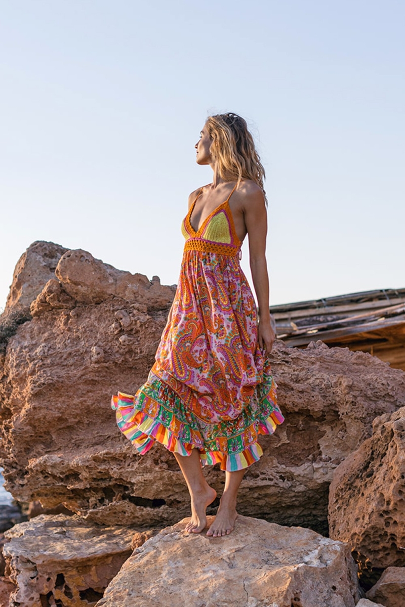 Langes Kleid CHARM: orange/rosa - V-Ausschnitt - Häkeloberteil - dünne Träger - Boho - Miss June Paris - 3