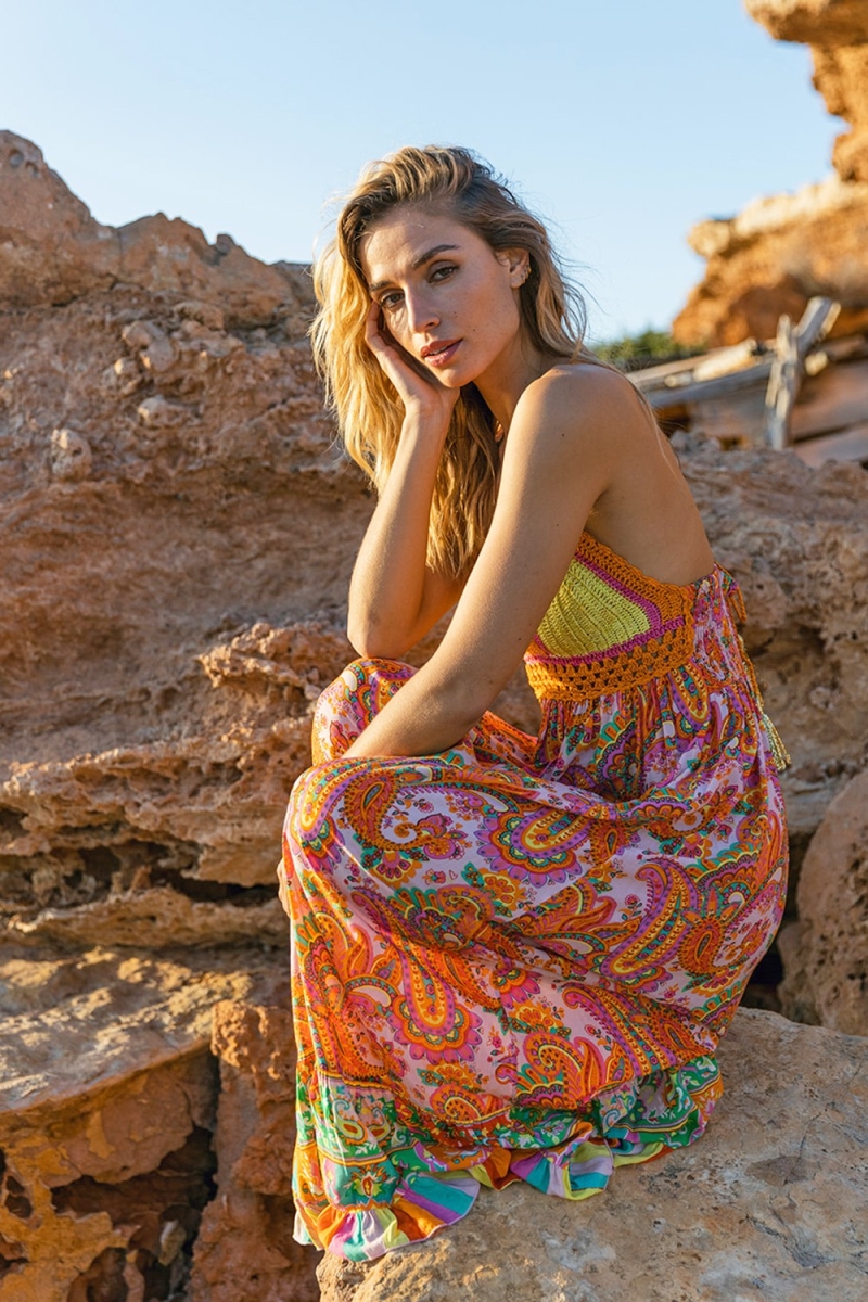 Langes Kleid CHARM: orange/rosa - V-Ausschnitt - Häkeloberteil - dünne Träger - Boho - Miss June Paris - 2