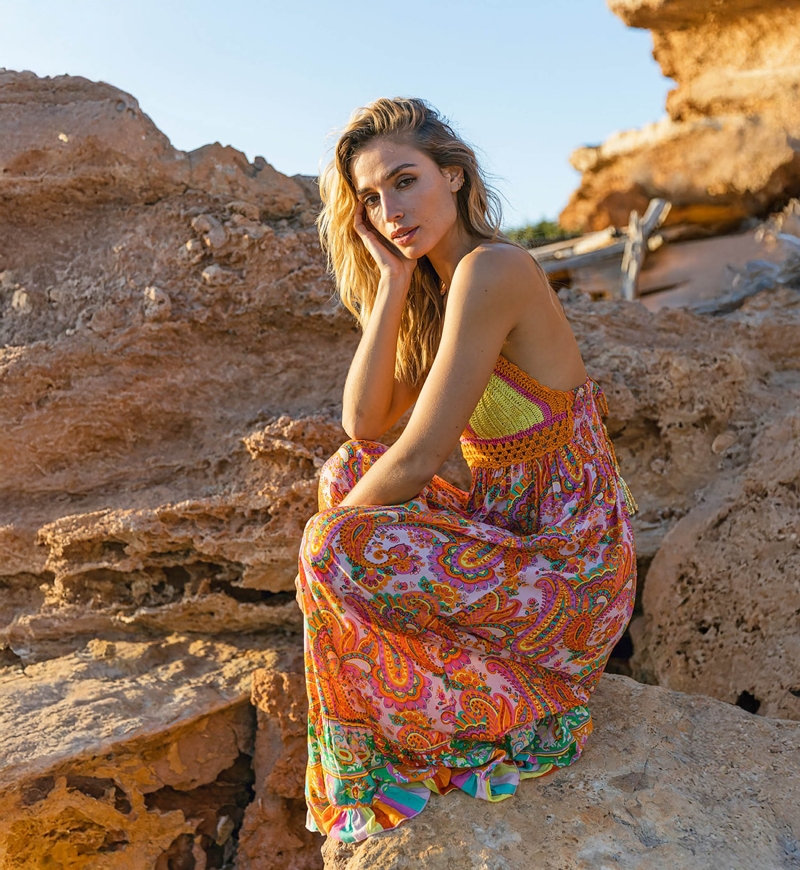 robe longue CHARM :  orange/rose - encolure en V - haut en crochet - bretelles fines - boheme - Miss June Paris - 2