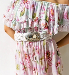 Robe Longue Roses - rose/multicouleur - manche courte  -épaules dénudées - fleurie -  - Miss June Paris - 5