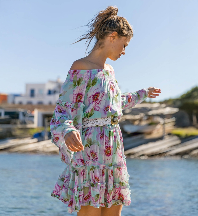 Vestido Corto Fleur – Manga larga – Hombros descubiertos – Floral – Miss June Paris – 2