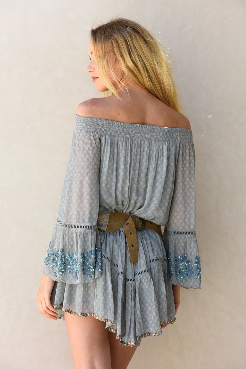 Robe Courte Palms - bleue vintage ou pastel - manche longue - style bohème - Miss June Paris - 3