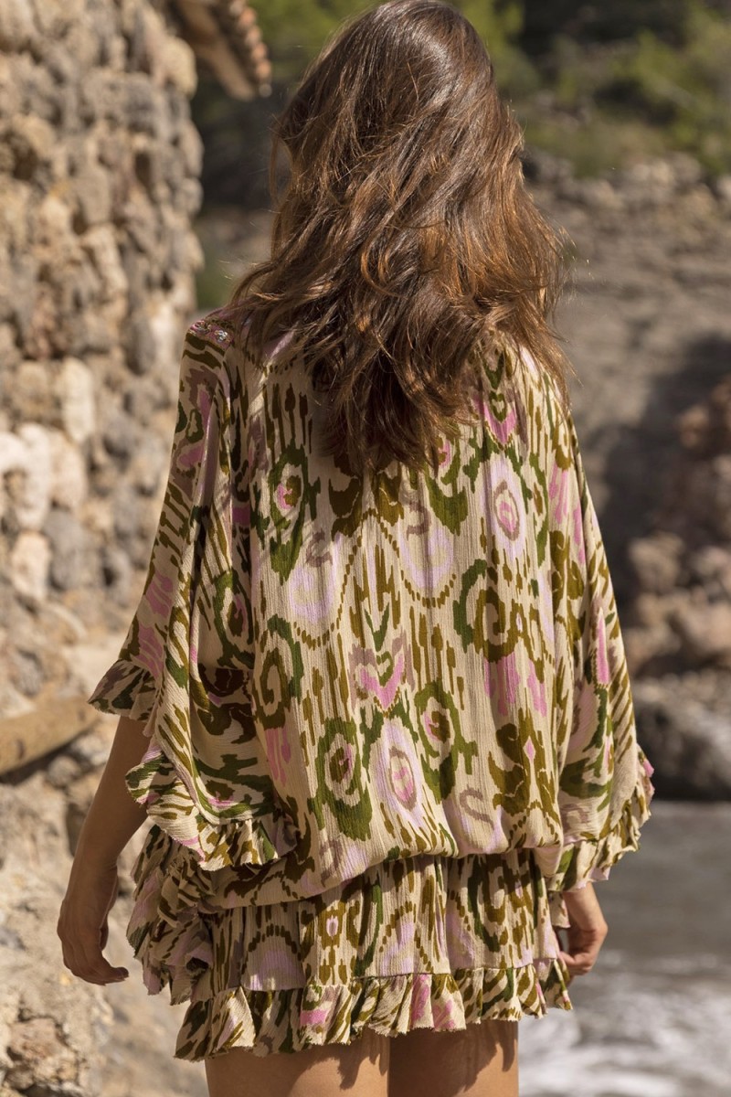 Mini dress FRESH: khaki/pink color - decorated yoke - embroidery - long bohemian sleeves - Miss June Paris - 5