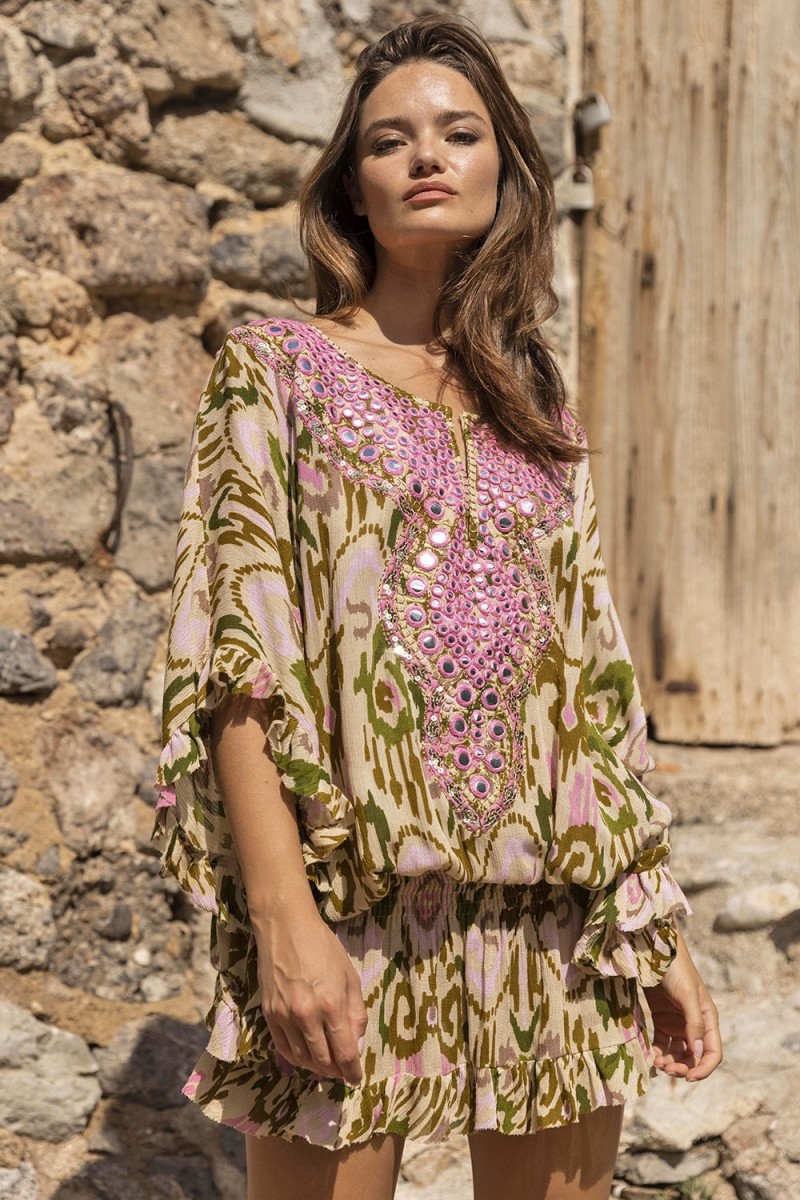 Mini dress FRESH: khaki/pink color - decorated yoke - embroidery - long bohemian sleeves - Miss June Paris - 1