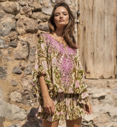 mini robe FRESH : couleur kaki/rose - plastron decoré - broderies - manche longue boheme  - Miss June Paris - 1