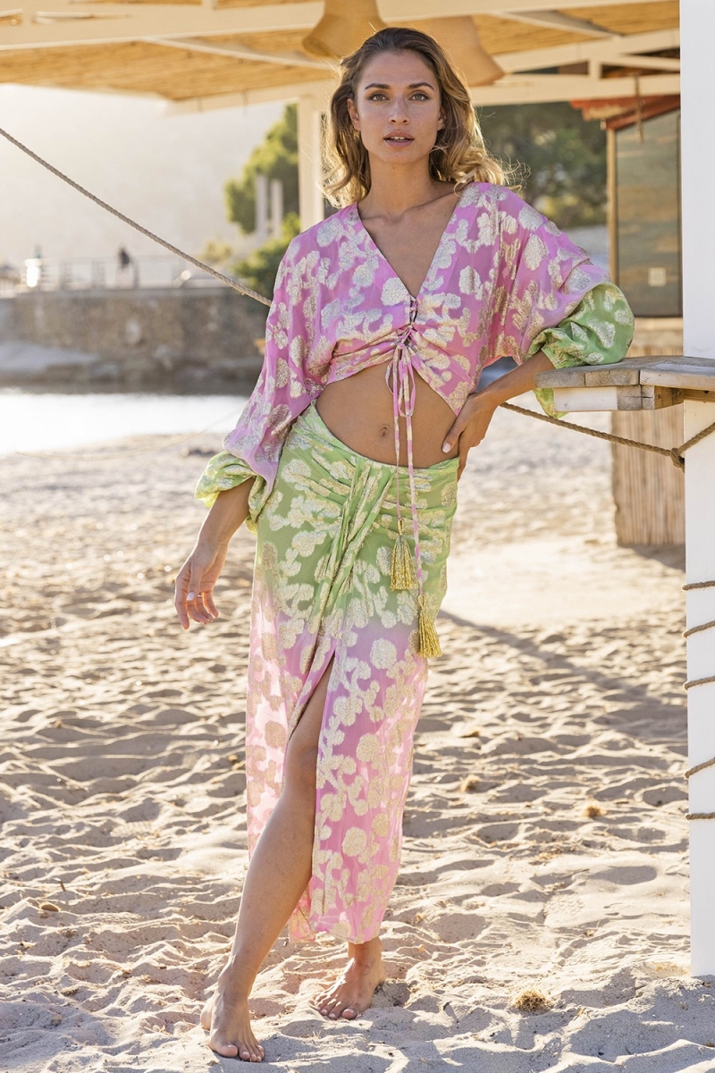 Gonna Midi Shade - Verde/Sfumato Rosa - Dettagli Dorati - Stile Boho - Miss June Paris - 1