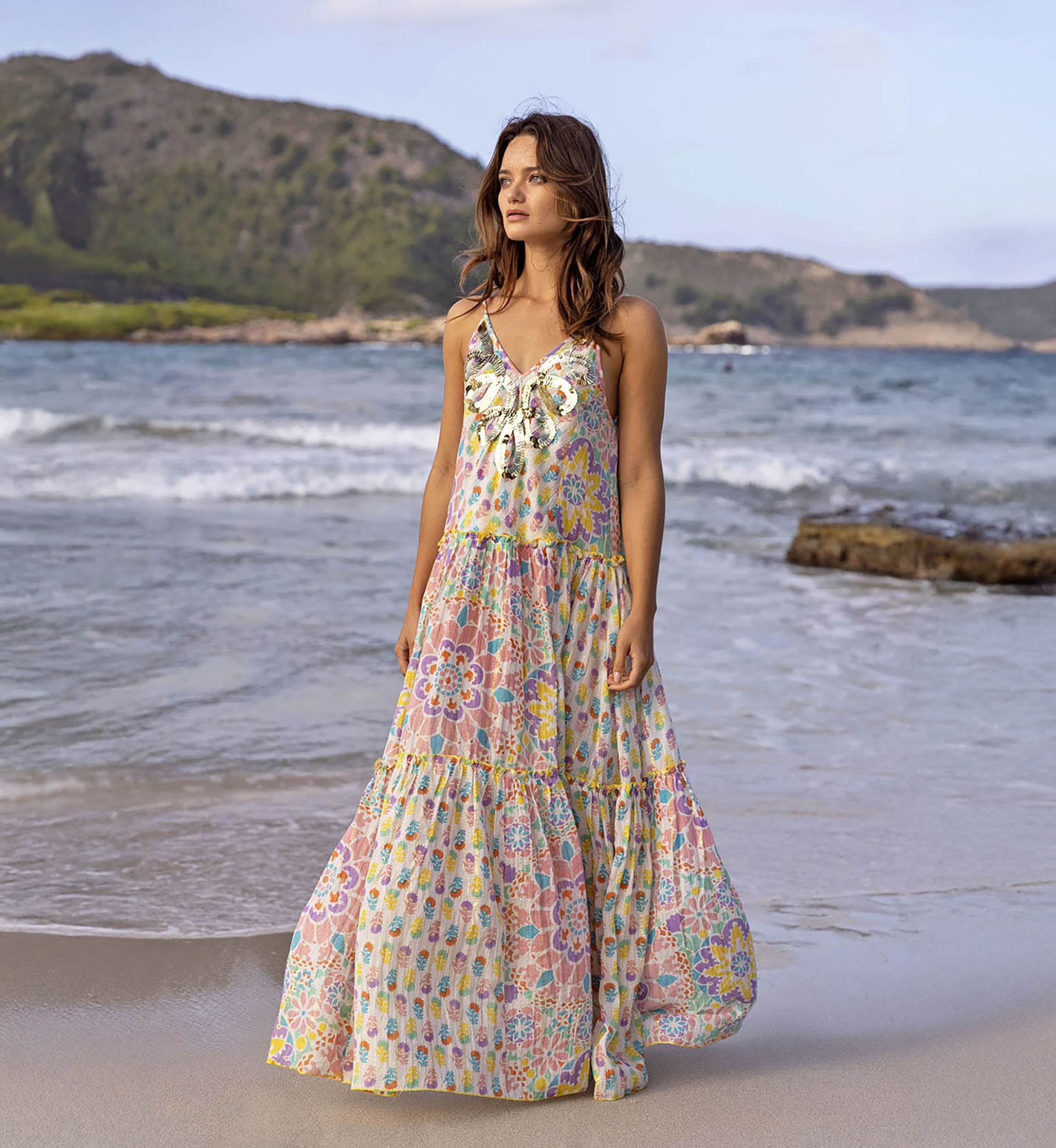 Long dress INNIKA: pastel color - decorated yoke - floral details - thin straps - Miss June Paris - 1