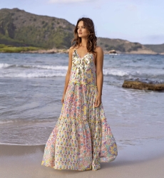 robe longue INNIKA: couleur pastel - plastron decoré - détails floraux - bretelles fines - Miss June Paris - 1