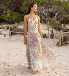 Long dress INNIKA: pastel color - decorated yoke - floral details - thin straps - Miss June Paris - 2
