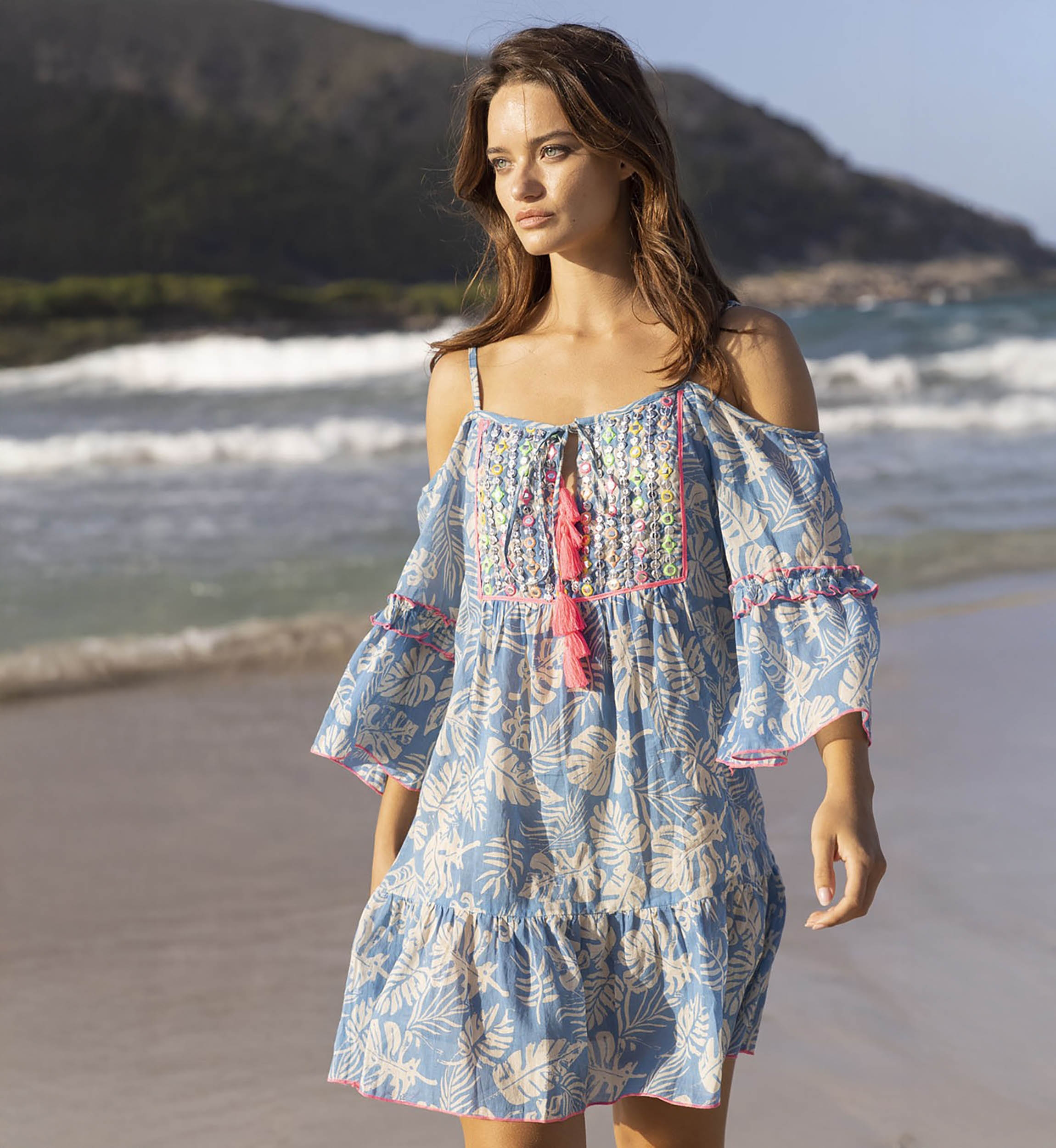 Short dress JOE: blue/lavender color - neon pink details - floral patterns - decorated yoke - Miss June Paris - 1