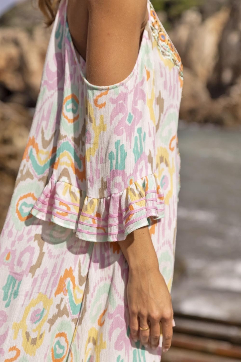 Robe curta BIRDS: cor pastel - peitilho bordado - boêmia - Miss June Paris - 3
