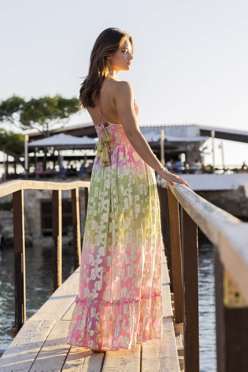Vestido Longo Marley - Rosa Degradê Verde - Detalhes Dourados - Top de Crochê - Miss June Paris - 4
