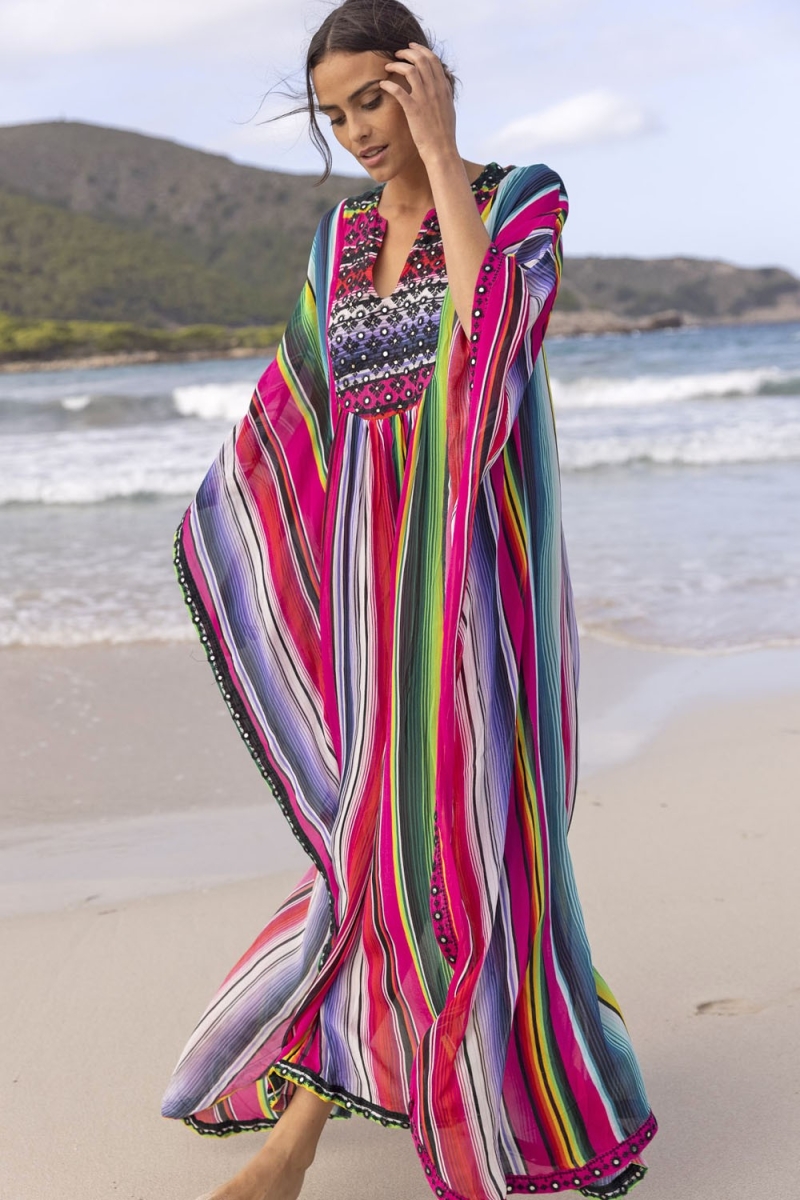 Langer Kaftan Waves - Bunte Streifen - Verzierter Brustlatz - Lange Ärmel - Miss June Paris - 2