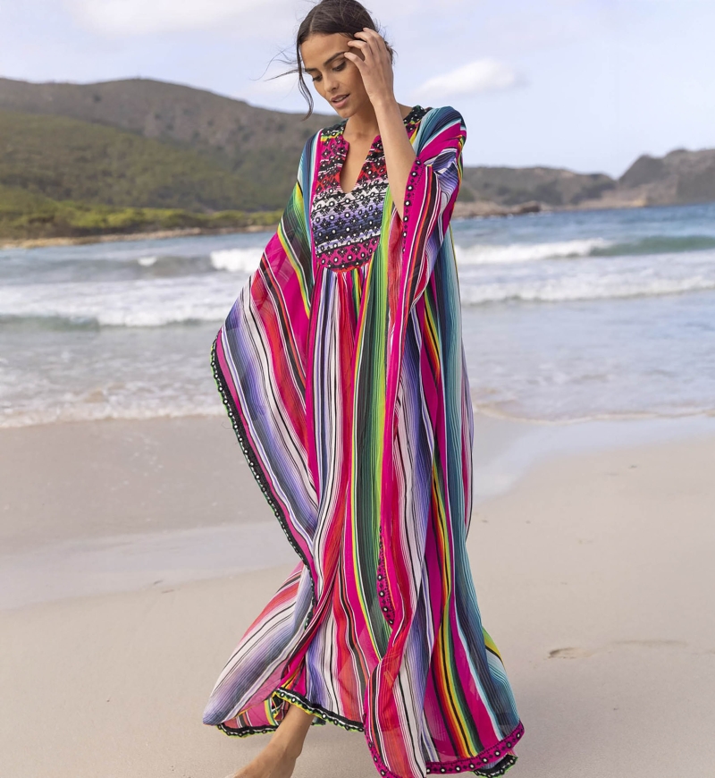 Kaftan Longo Waves - Listras Coloridas - Peitoral Decorado - Mangas Longas - Miss June Paris - 2