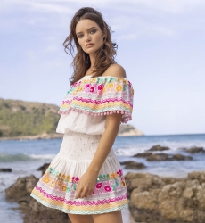 Gonna Corta Miki - Bianco - Ricamo Colorato - Stile Boho Chic - Taglia Unica XS/M - Miss June Paris - 1