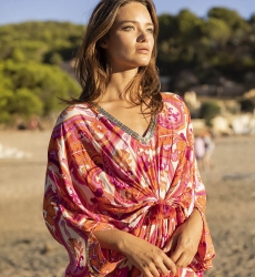 Abito Lungo Emmy - Rosa/Arancione - Stampa Cachemire - Maniche Lunghe - Con Paillettes - Miss June Paris - 3