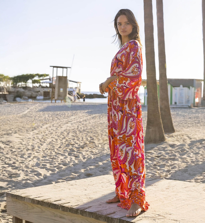 Langes Kleid Emmy - Rosa/Orange - Paisley-Muster - Lange Ärmel - Mit Pailletten - Miss June Paris - 4