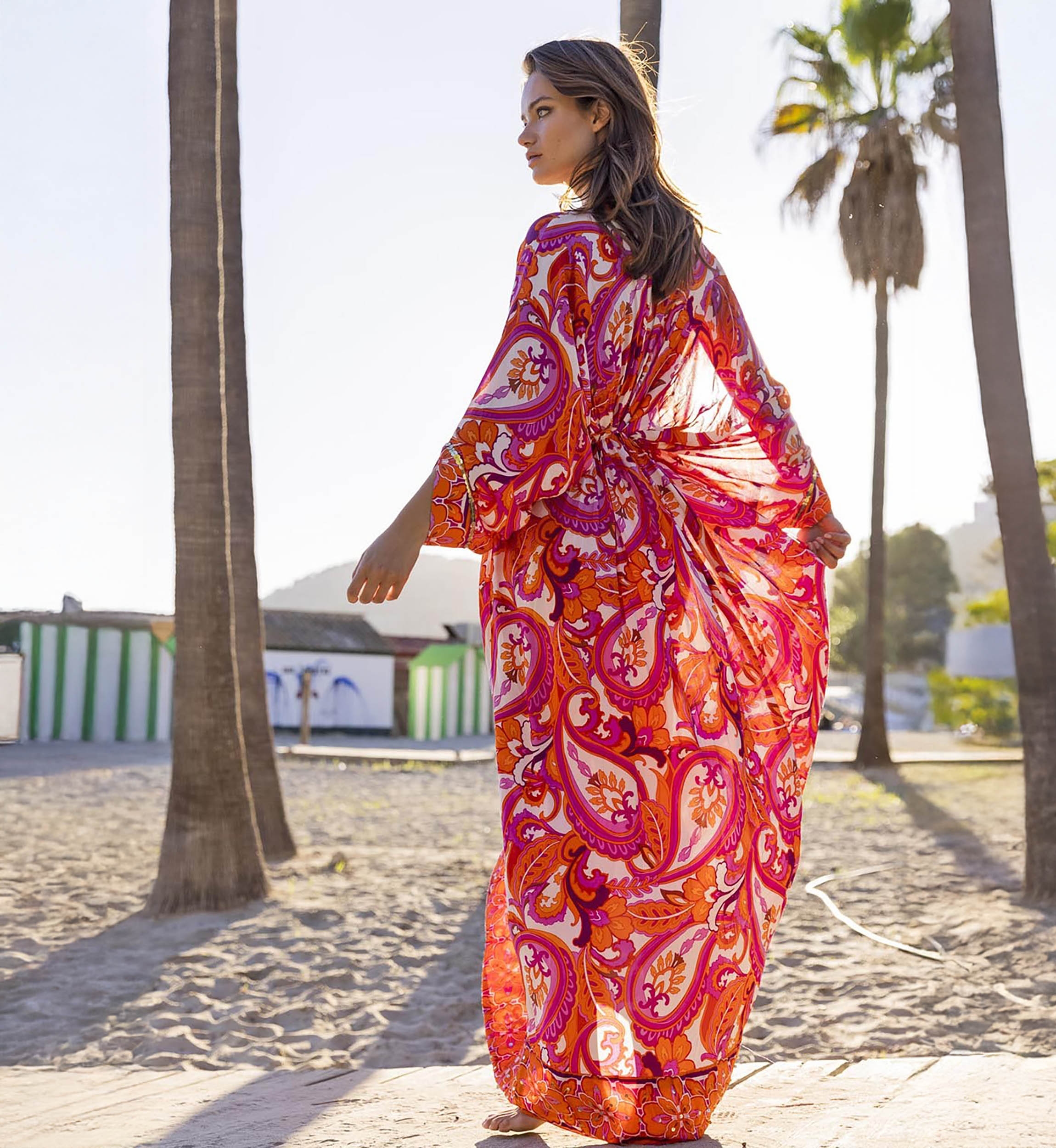 Langes Kleid Emmy - Rosa/Orange - Paisley-Muster - Lange Ärmel - Mit Pailletten - Miss June Paris - 5