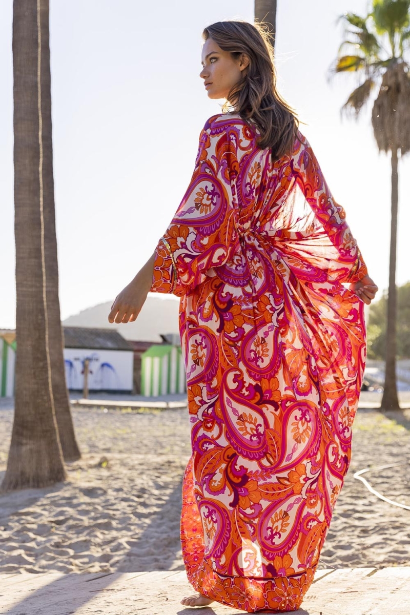 Vestido Longo Emmy - Rosa/Laranja - Estampa Paisley - Mangas Longas - Com Lantejoulas - Miss June Paris - 5