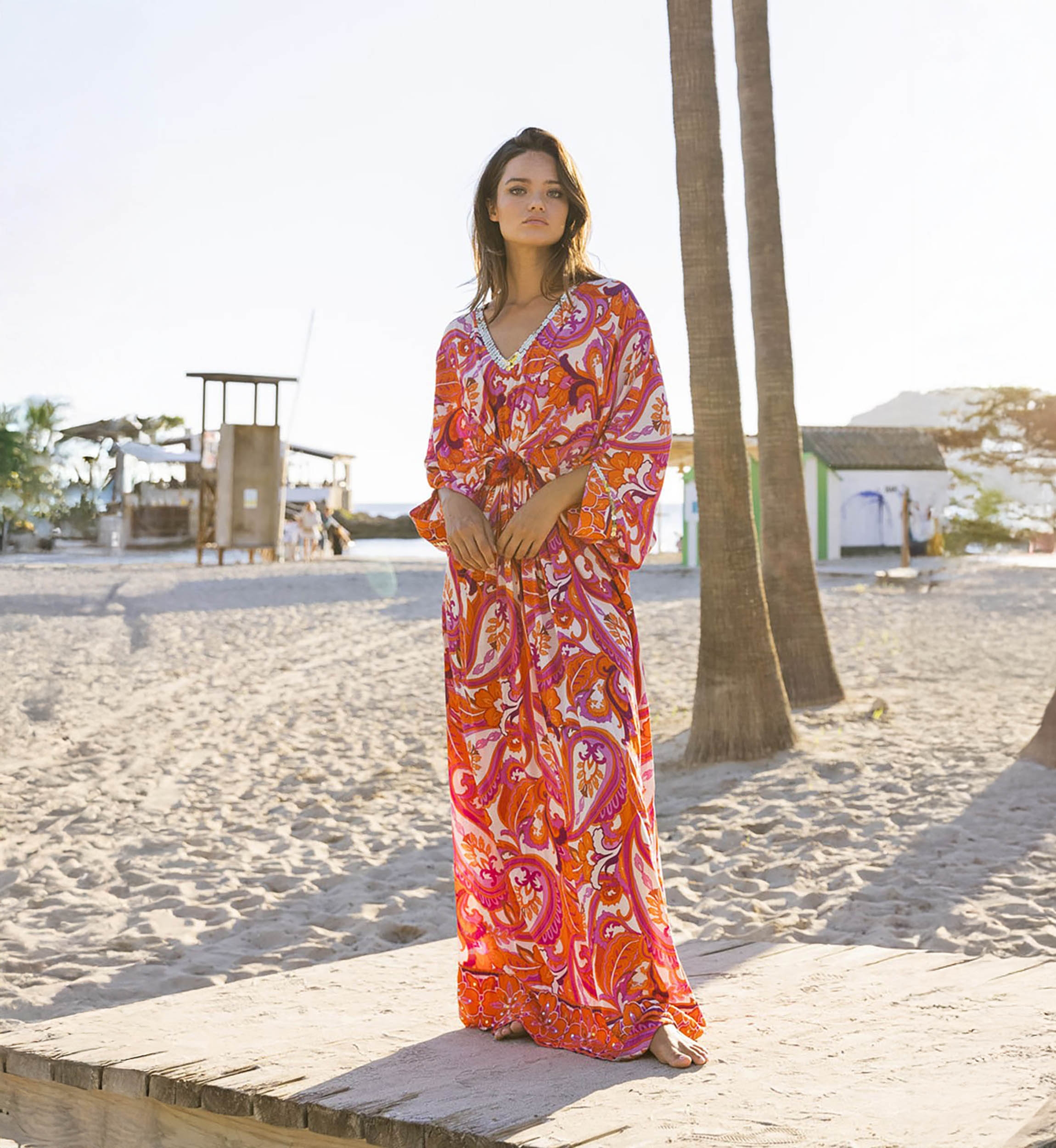 Langes Kleid Emmy - Rosa/Orange - Paisley-Muster - Lange Ärmel - Mit Pailletten - Miss June Paris - 2