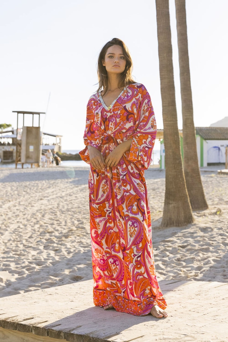 Robe Longue Emmy - rose/orange - imprimé cachemire - manches longues - avec sequins - Miss June Paris - 2