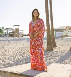 Robe Longue Emmy - rose/orange - imprimé cachemire - manches longues - avec sequins - Miss June Paris - 2