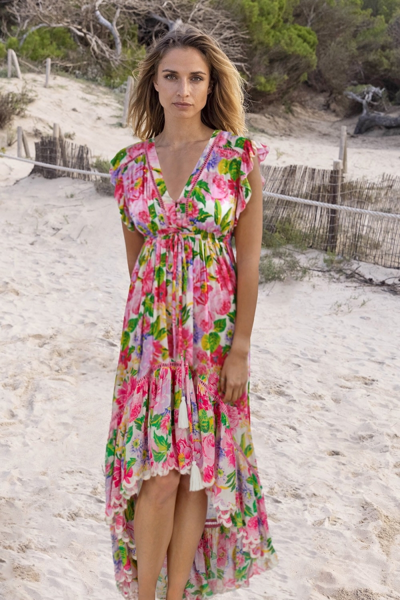 Robe Longue Holy - rose - imprimé fleuri - manches courtes - col V - cordon de serrage à la taille - boho - Miss June Paris - 1