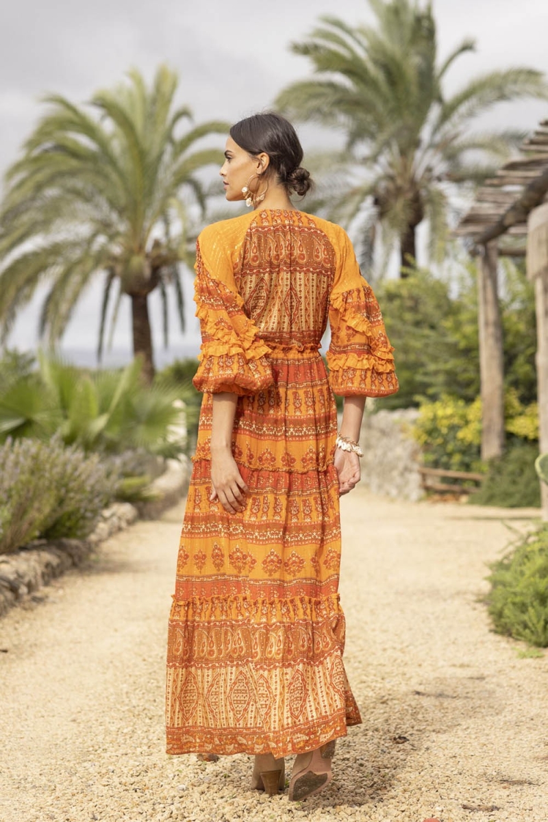 Vestido Largo Safran - Naranja - Detalles Dorados - Mangas Largas - Escote en V - Boho - Miss June Paris - 4
