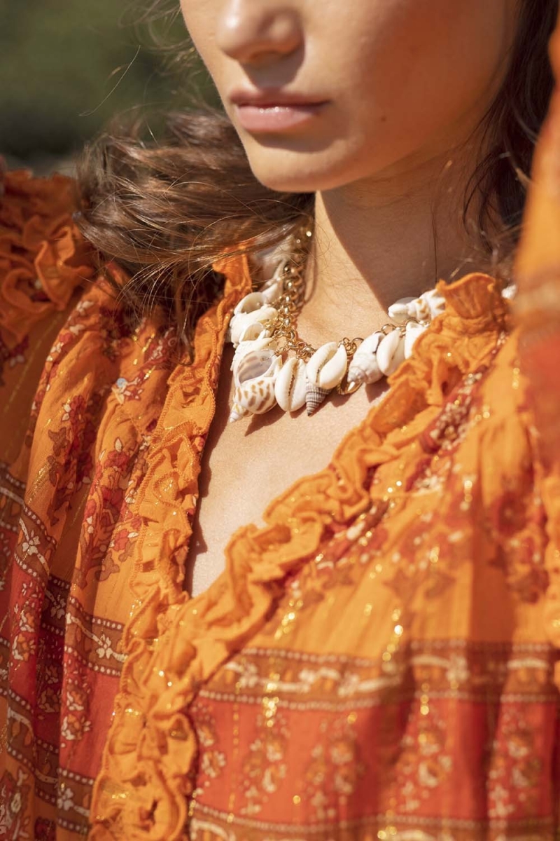 Glossy Bluse - Orange - Goldener Lurex - Lange Puffärmel - Boho - Miss June Paris - 3