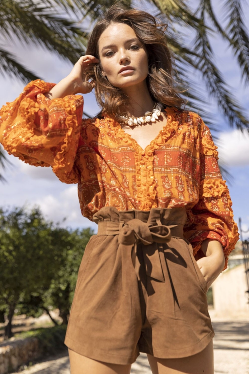 Glossy Bluse - Orange - Goldener Lurex - Lange Puffärmel - Boho - Miss June Paris - 2